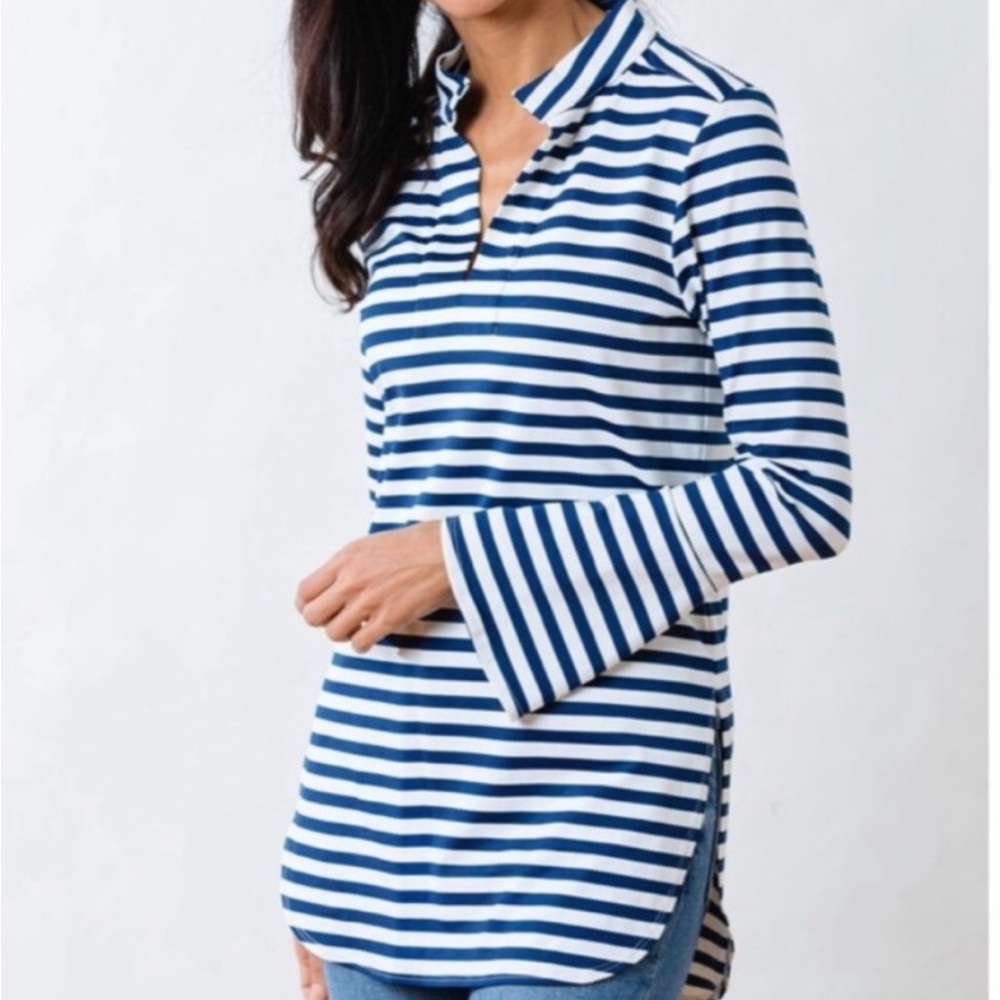 Dudley Stephen India Bell Sleeve Tunic Top in Navy and White Stripe Size Small